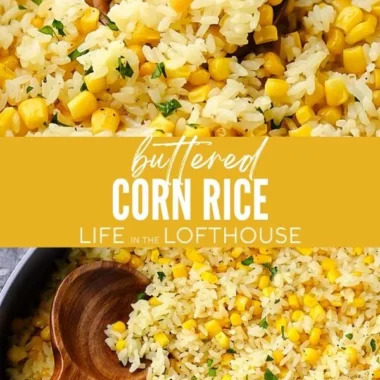 Delicious buttered corn rice served on a plate with fresh herbs