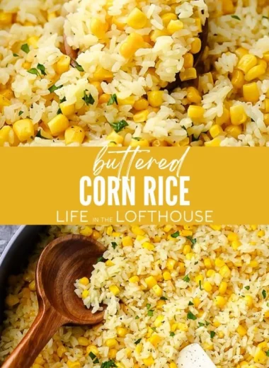 Delicious buttered corn rice served on a plate with fresh herbs