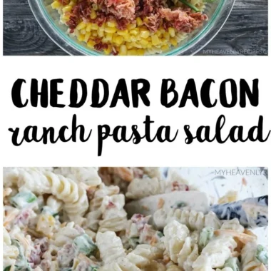Delicious Cheddar Bacon Ranch Pasta Salad topped with crispy bacon and cheese
