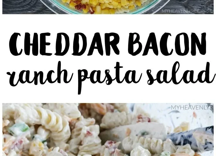 Delicious Cheddar Bacon Ranch Pasta Salad topped with crispy bacon and cheese