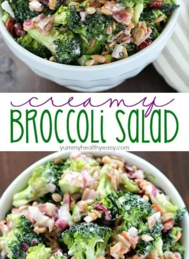 Creamy broccoli salad with dressing and nuts served in a bowl
