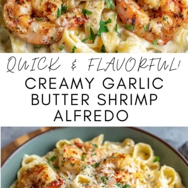 Delicious creamy garlic butter shrimp alfredo pasta dish