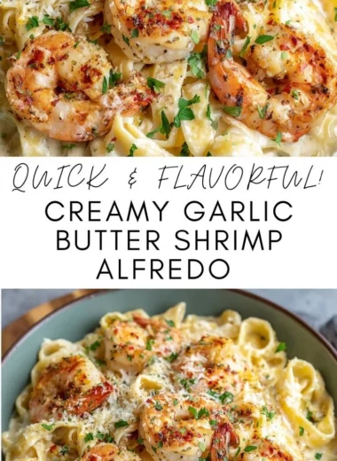 Delicious creamy garlic butter shrimp alfredo pasta dish