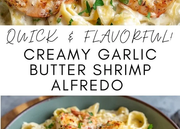Delicious creamy garlic butter shrimp alfredo pasta dish