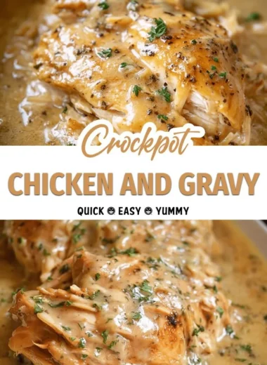 A serving of easy crockpot chicken topped with creamy gravy in a white bowl.
