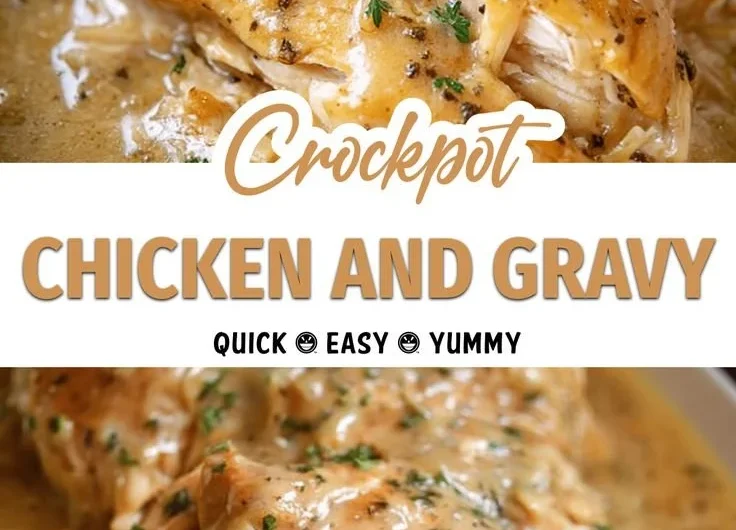 A serving of easy crockpot chicken topped with creamy gravy in a white bowl.