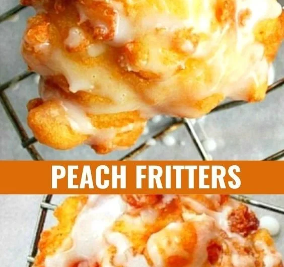 Delicious fresh peach fritters dusted with powdered sugar