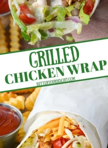 Grilled chicken wrap with fresh vegetables and sauce wrapped in a tortilla