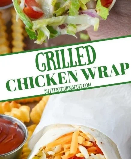 Grilled chicken wrap with fresh vegetables and sauce wrapped in a tortilla