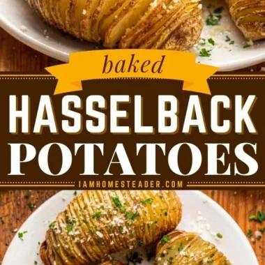 Crispy Hasselback Potatoes topped with herbs and garlic, served on a plate.