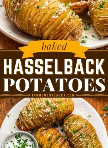Crispy Hasselback Potatoes topped with herbs and garlic, served on a plate.