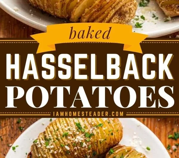 Crispy Hasselback Potatoes topped with herbs and garlic, served on a plate.