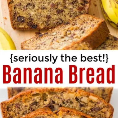 A slice of moist banana nut bread topped with walnuts and bananas.