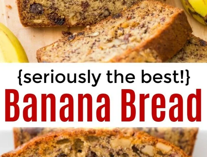 A slice of moist banana nut bread topped with walnuts and bananas.
