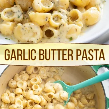 One pot garlic butter pasta served in a bowl with herbs on top