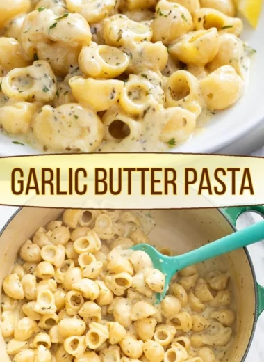 One pot garlic butter pasta served in a bowl with herbs on top