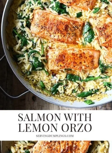 One Skillet Salmon served with Lemon Orzo on a plate