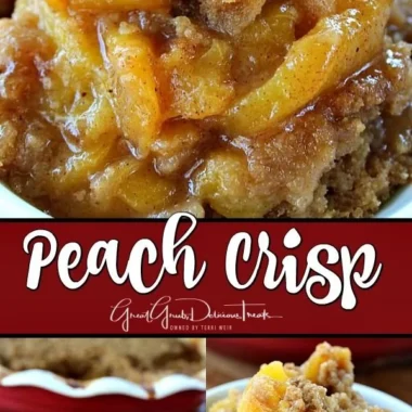 Delicious homemade peach crisp with golden topping and fresh peach slices