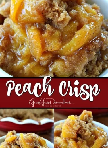 Delicious homemade peach crisp with golden topping and fresh peach slices