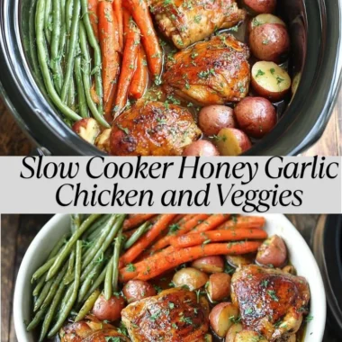 Slow cooker dish featuring honey garlic chicken and assorted vegetables