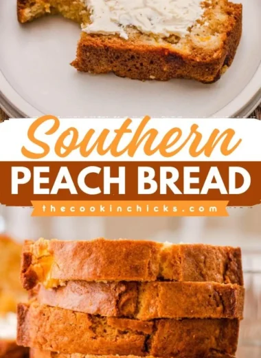 Freshly baked Southern peach bread with slices showcasing peached texture.