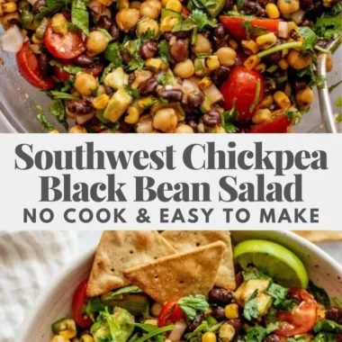 Colorful Southwest Chickpea Black Bean Salad in a bowl topped with fresh herbs.