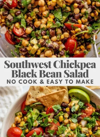 Colorful Southwest Chickpea Black Bean Salad in a bowl topped with fresh herbs.