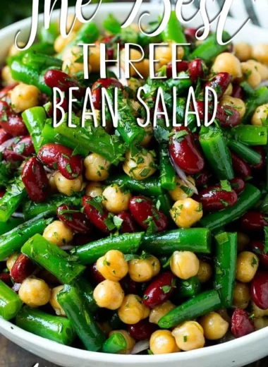 Colorful Three Bean Salad with chickpeas, kidney beans, and green beans.