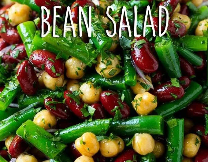 Colorful Three Bean Salad with chickpeas, kidney beans, and green beans.