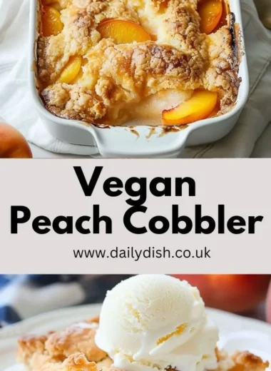 Vegan Peach Cobbler with fresh peaches and a golden crust served in a bowl