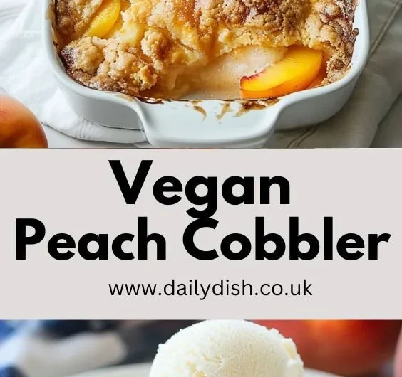 Vegan Peach Cobbler with fresh peaches and a golden crust served in a bowl