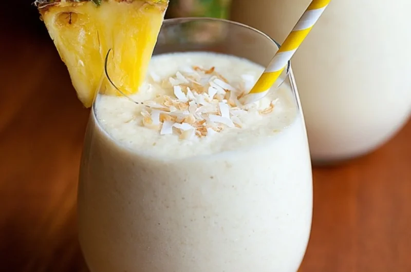 Easy 3 ingredient Piña Colada smoothie in a glass with a tropical garnish.