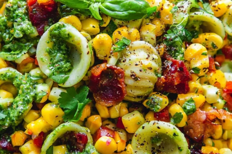 Cozy summer pasta salad with corn, bell pepper, bacon, and creamy pesto dressing