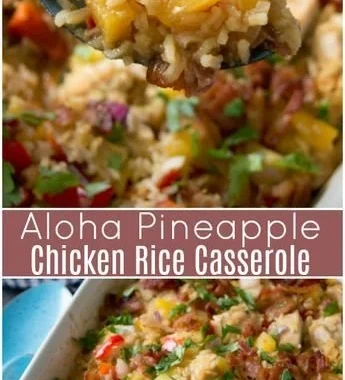Aloha Pineapple Chicken Rice Casserole topped with cheese and pineapple slices