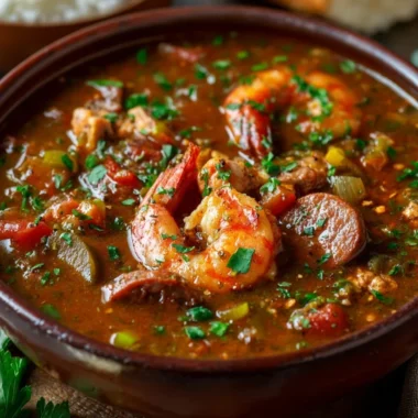 Bowl of Authentic Cajun Gumbo with rice and fresh herbs