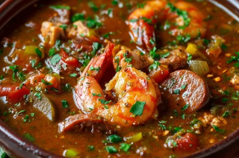 Bowl of Authentic Cajun Gumbo with rice and fresh herbs