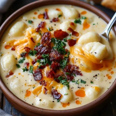 Bacon cheddar gnocchi soup in a bowl, garnished with herbs