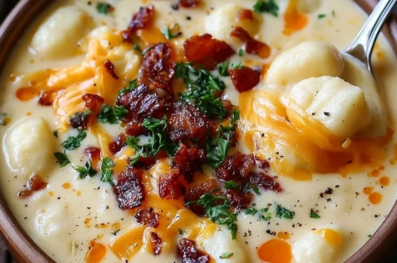 Bacon cheddar gnocchi soup in a bowl, garnished with herbs