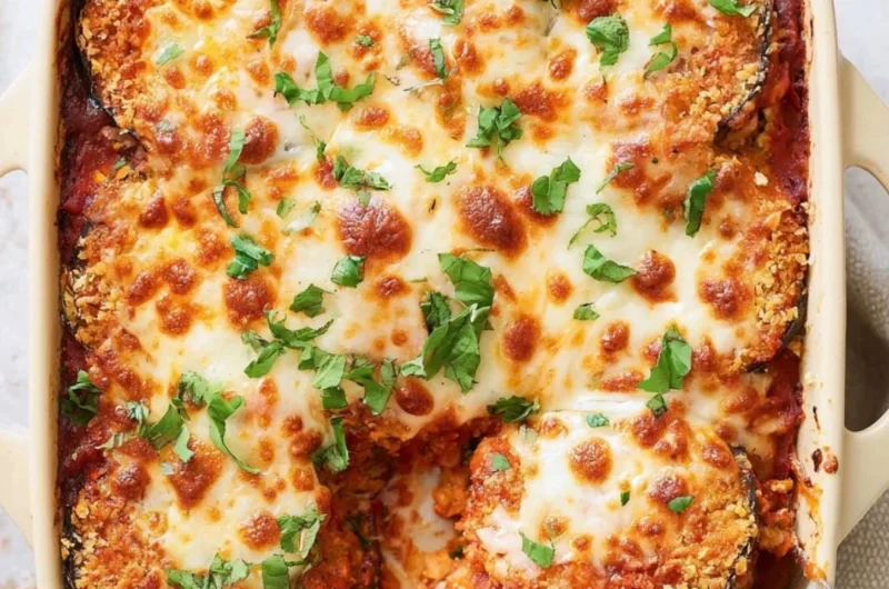 Delicious Baked Eggplant Parmesan topped with melted cheese and herbs.