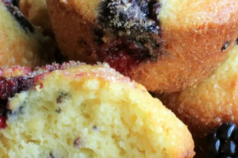 Homemade blackberry muffins fresh from the oven, topped with berries.
