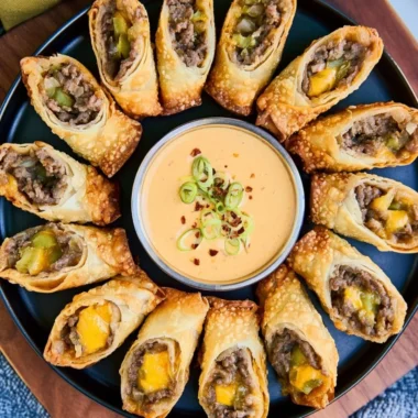 Delicious Cheeseburger Eggrolls filled with beef and cheese, crispy and golden brown.