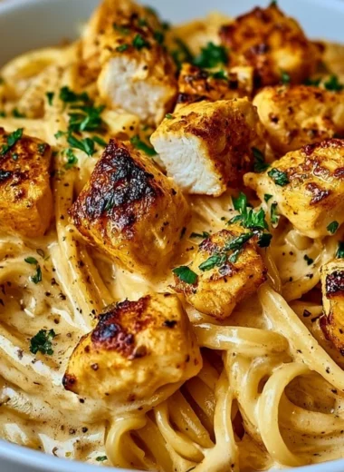 Cowboy butter chicken linguine served in a bowl with fresh herbs