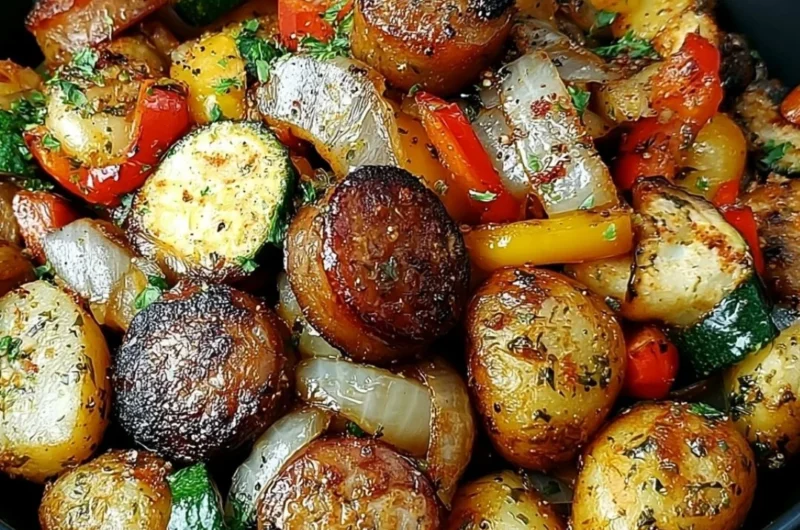 A colorful Cowboy Stir Fry loaded with vegetables and beef on a plate.