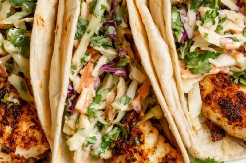 Delicious air fryer fish tacos served with fresh toppings and garnishes.