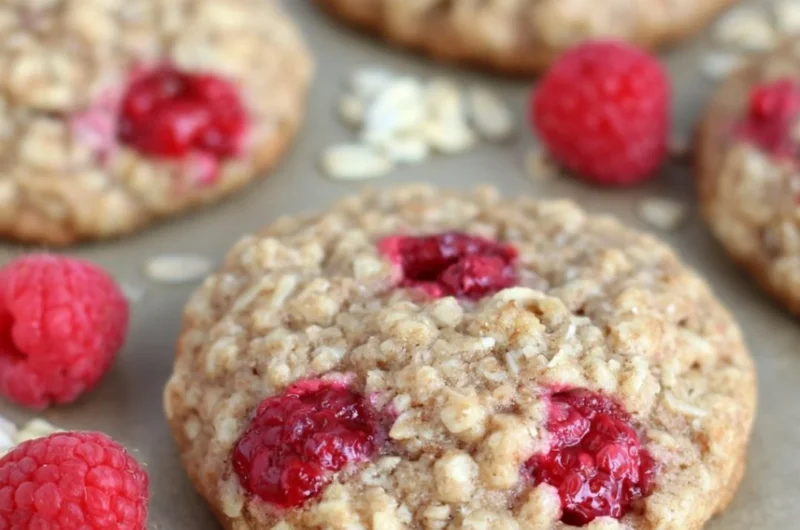Healthy raspberry oatmeal cookies on a rustic table, ready to enjoy.