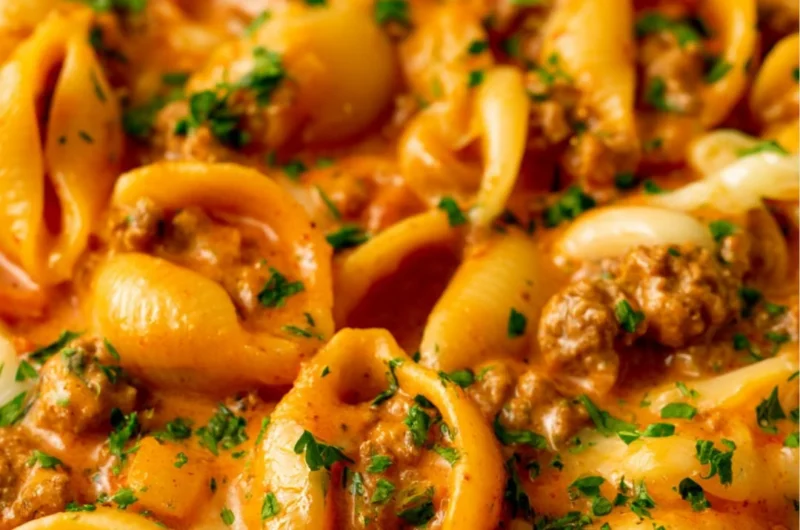 Delicious cozy taco pasta served with toppings