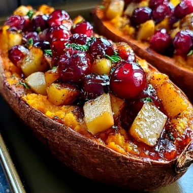 Cranberry apple twice-baked sweet potatoes garnished and ready to serve