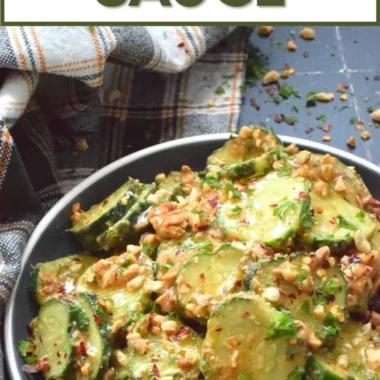 Cucumber Salad drizzled with Peanut Sauce served in a bowl