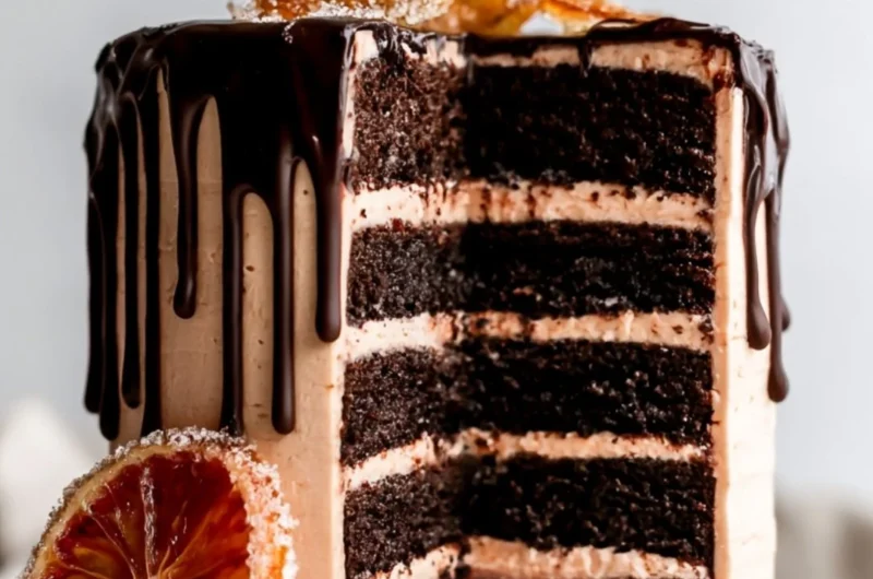 Dark chocolate blood orange cake topped with vibrant orange slices.