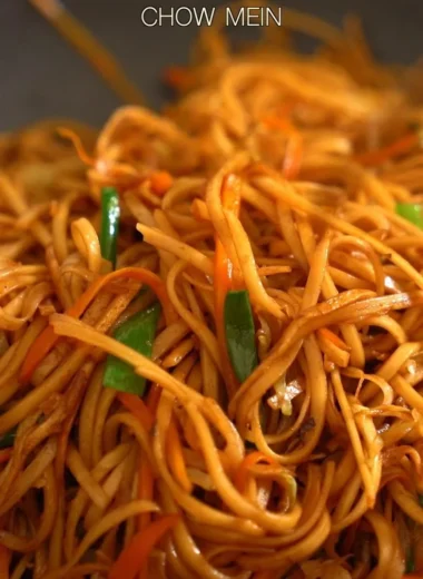 Delicious plate of easy Chow Mein noodles with vegetables and sauce